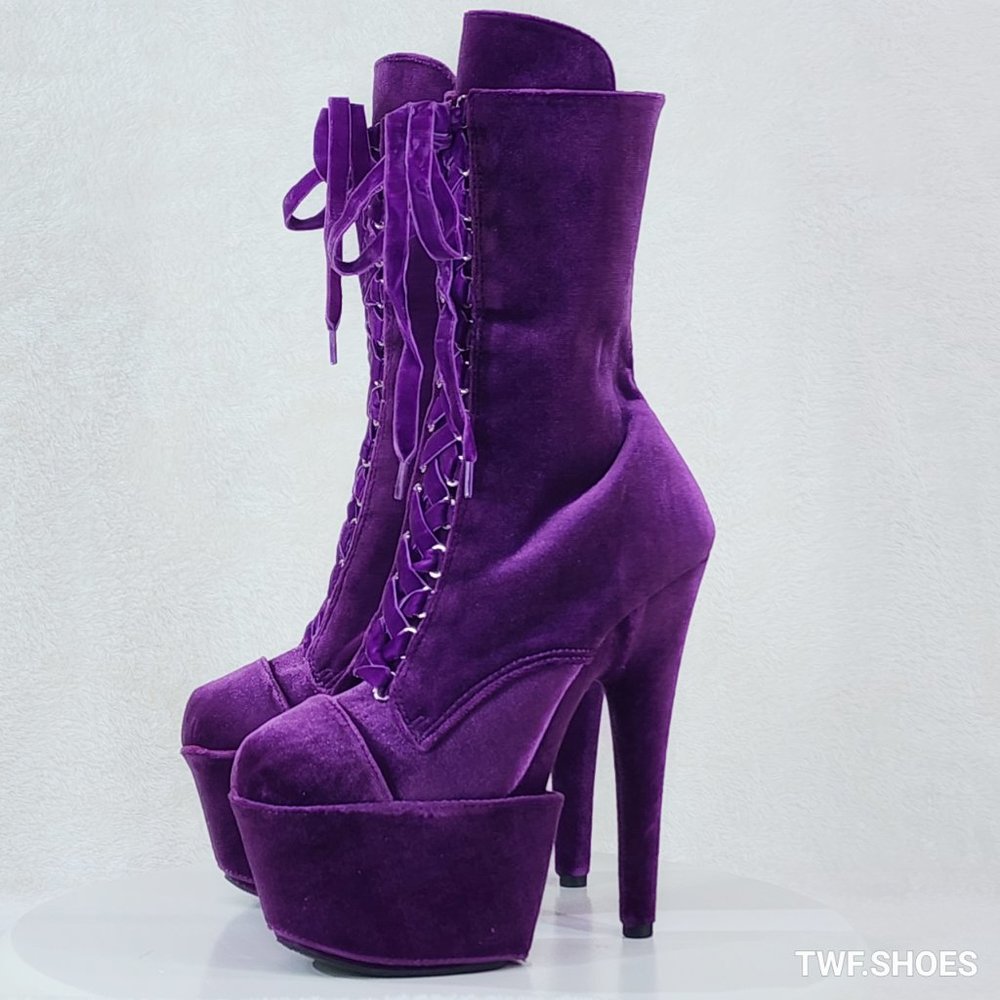 1020 Purple Velvet 7" High Heel Platform Ankle Boots With Boot Protectors - Picture 1 of 8